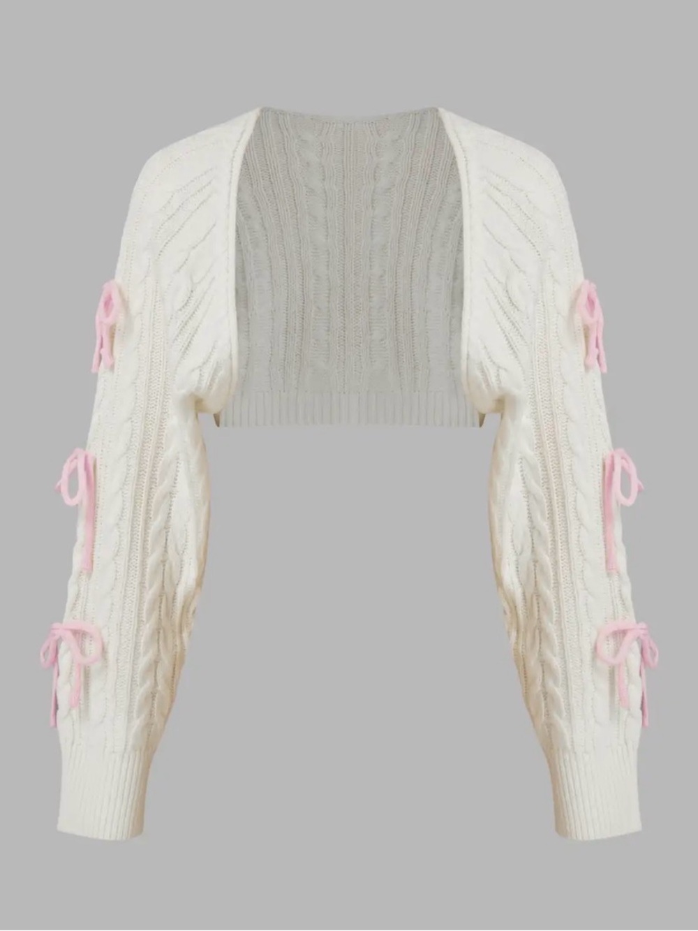 Cider White Cropped Cable-Knit Shrug with Pink Bow Accents